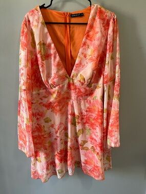 Double Crazy Orange Floral Bell Sleeve Mini Dress 2XL